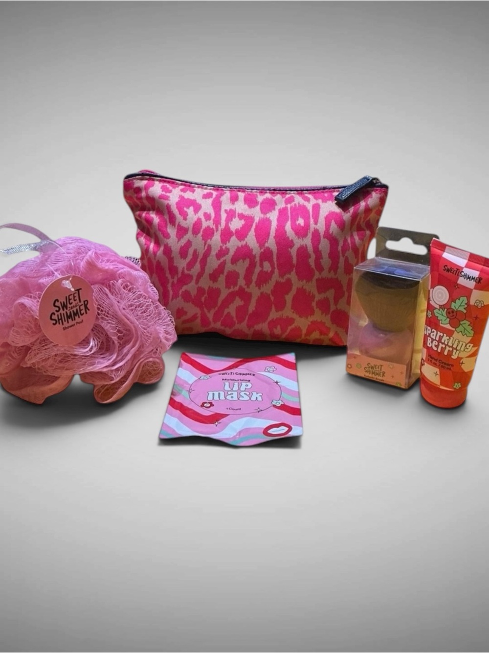 Estée Lauder Pink Leopard Cosmetic Bag w/ Sweet Shimmer Beauty Set
